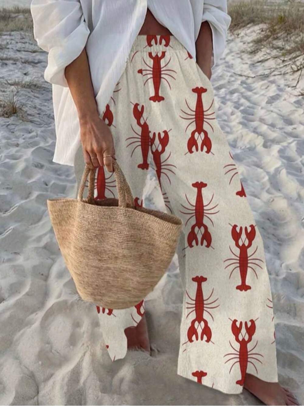 Linen-Blend Wide Leg Pants with Red Lobster Print